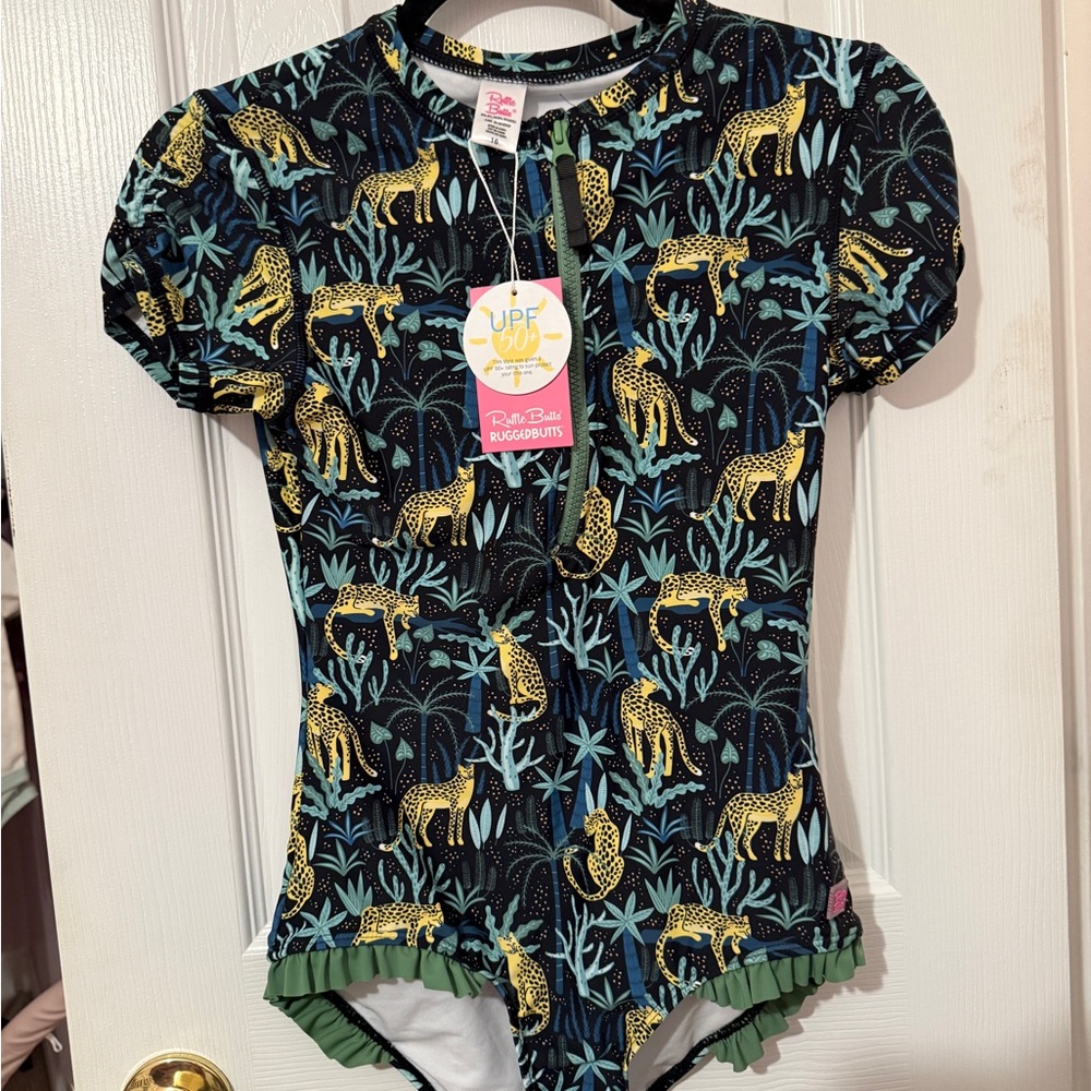 RuggedButts Leopard Print Girls One-Piece Swimsuit - Black & Yellow size 16